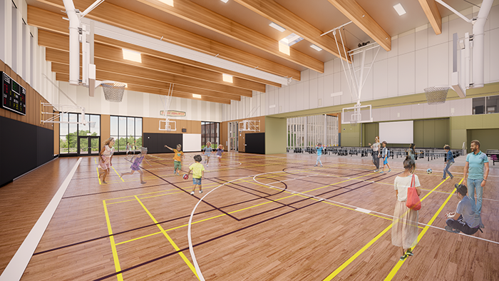 drawing of a gym with wood floors and lines painted on the floor