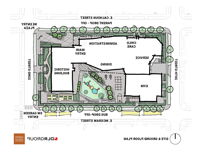 a site plan drawing of a u-shaped building with a courtyard
