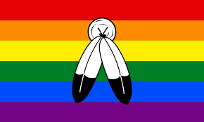 pride flag with two eagle feathers
