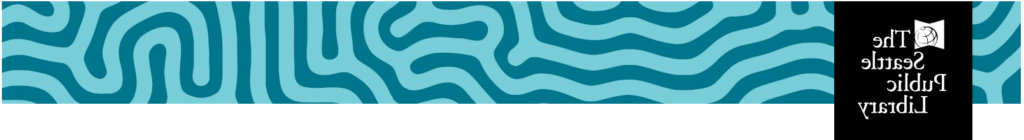 The Seattle Public Library logo with wiggly teal and light teal background
