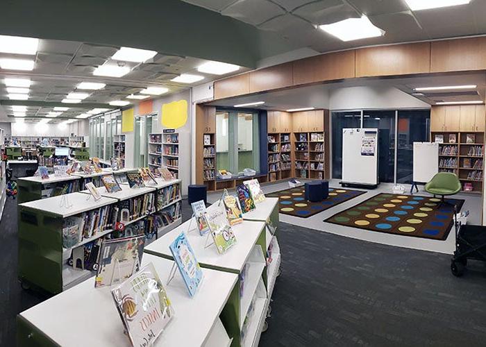 a library with a story area